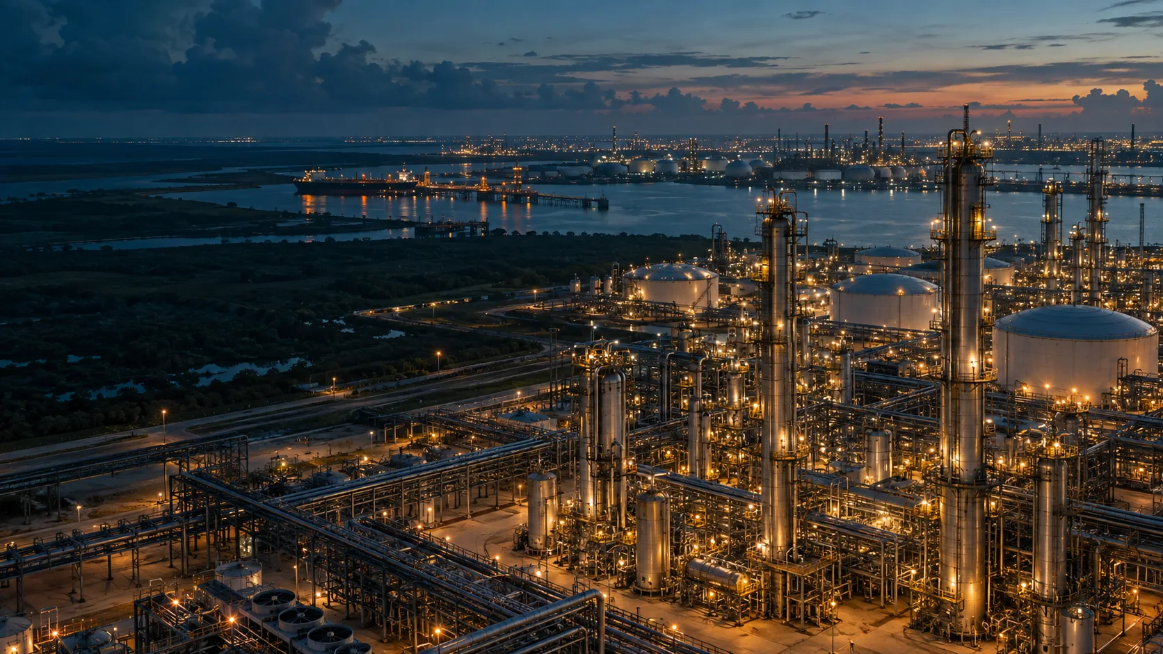 Conceptual view of an energy processing facility at dusk